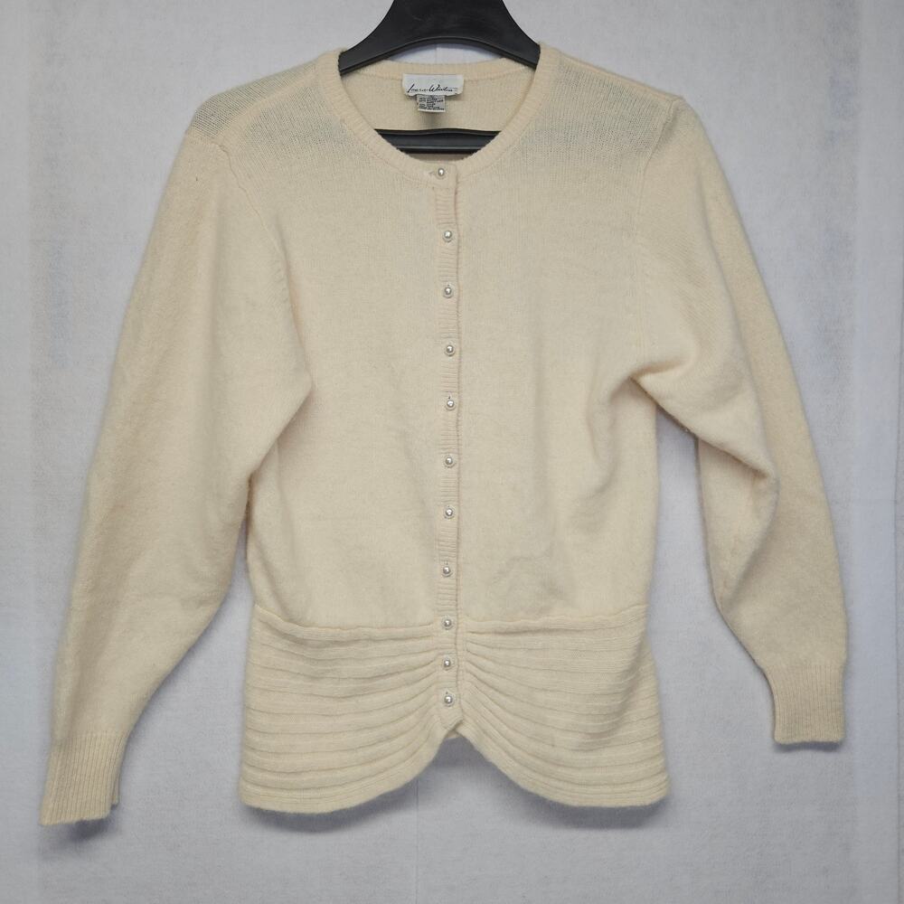 Vintage Laura Winston Angora Wool Blend Cardigan Sweater Cream Soft Fuzzy Large